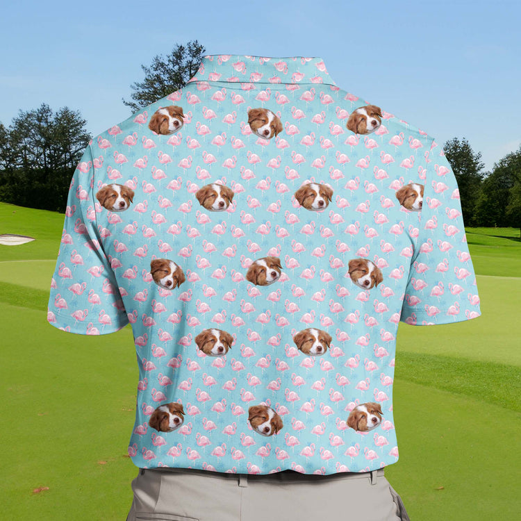 Bright Tropical Pink Flamingo funny golf shirts with faces on them for fun outings.