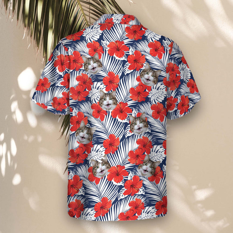 Stylish Tropical Red Flowers custom Hawaiian shirts with faces on them, showcasing bold floral patterns and palm leaves, perfect for summer fashion lovers.