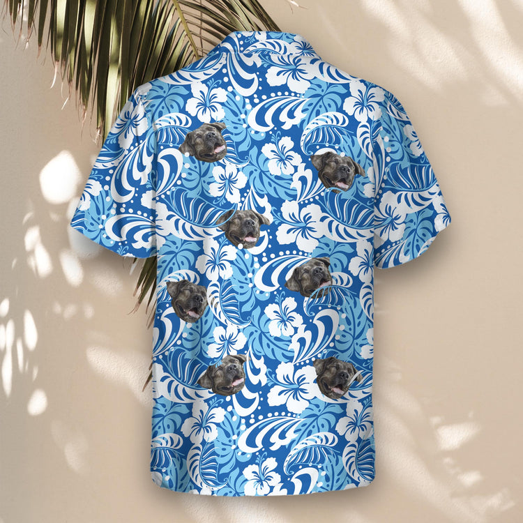 Vibrant Tropical Royal Blue Custom Hawaiian Shirts, adorned with tropical patterns, perfect for personalizing shirts with faces on them or logos.