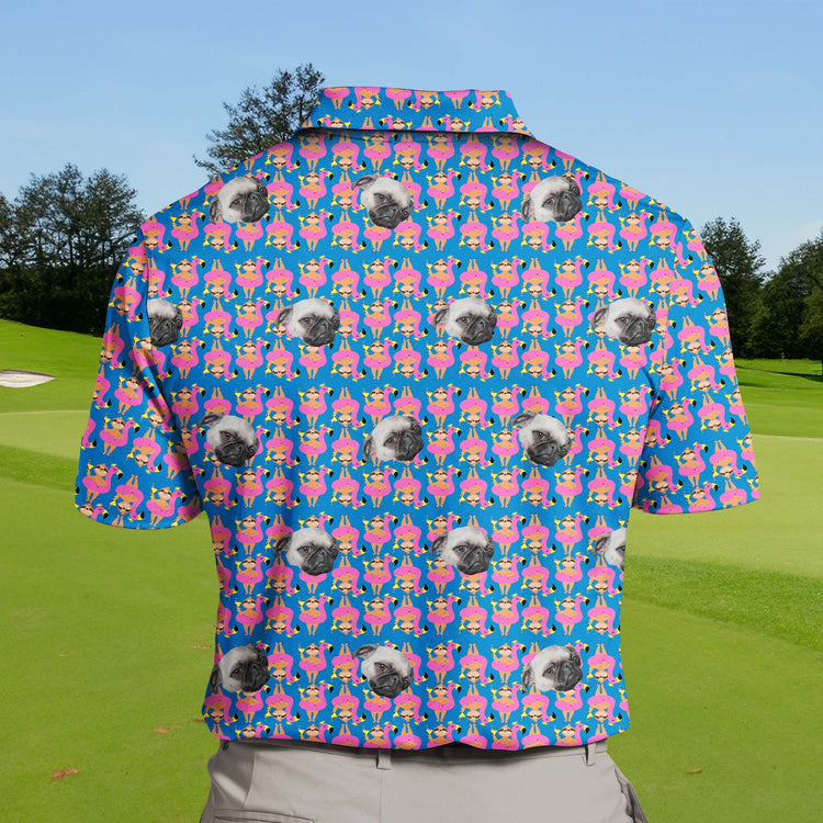Funny golf shirts with faces on them showcasing wildlife and nature themes.