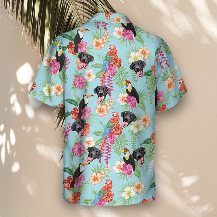 Custom Hawaiian shirts with faces on them, decorated with tropical macaws, toucans, lush green palms, and hibiscus flowers, ideal for summer vacations.