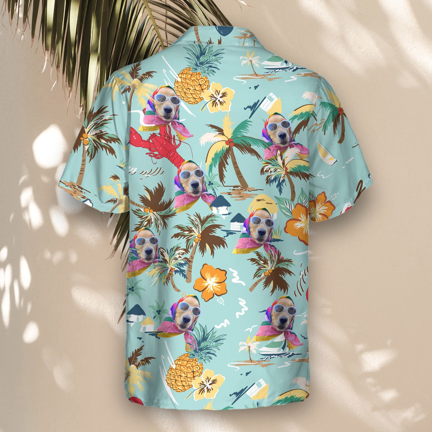 Vibrant custom Hawaiian shirts with hibiscus, pineapples, and palm trees on turquoise. Personalize shirts with faces on them for a fun, tropical vibe.