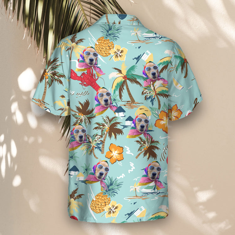 Vibrant custom Hawaiian shirts with hibiscus, pineapples, and palm trees on turquoise. Personalize shirts with faces on them for a fun, tropical vibe.