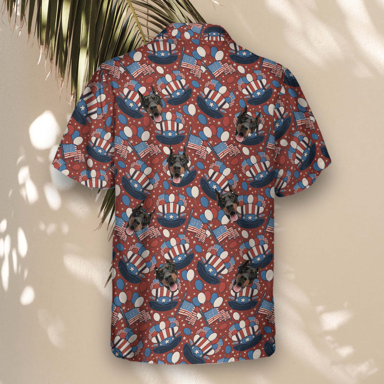 Stand out with custom Hawaiian shirts with faces on them, showcasing Uncle Sam’s hat, fireworks, and American flags for a fun, patriotic celebration.