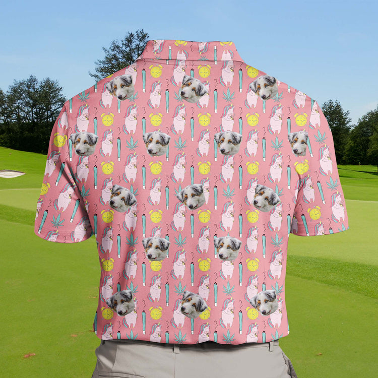 Custom golf shirts with faces on them, featuring reggae and cartoon designs.