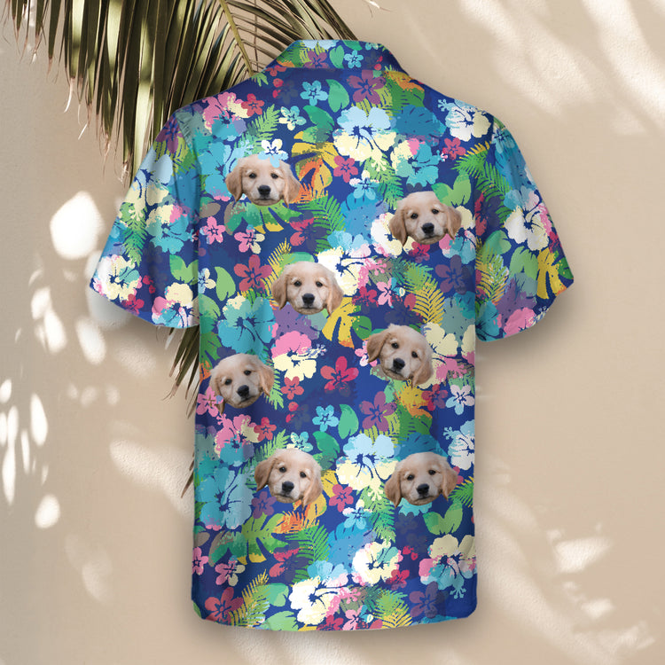 Tropical custom Hawaiian shirts with electric hibiscus flowers. Personalize with faces on them for a fun, standout style perfect for any tropical occasion.