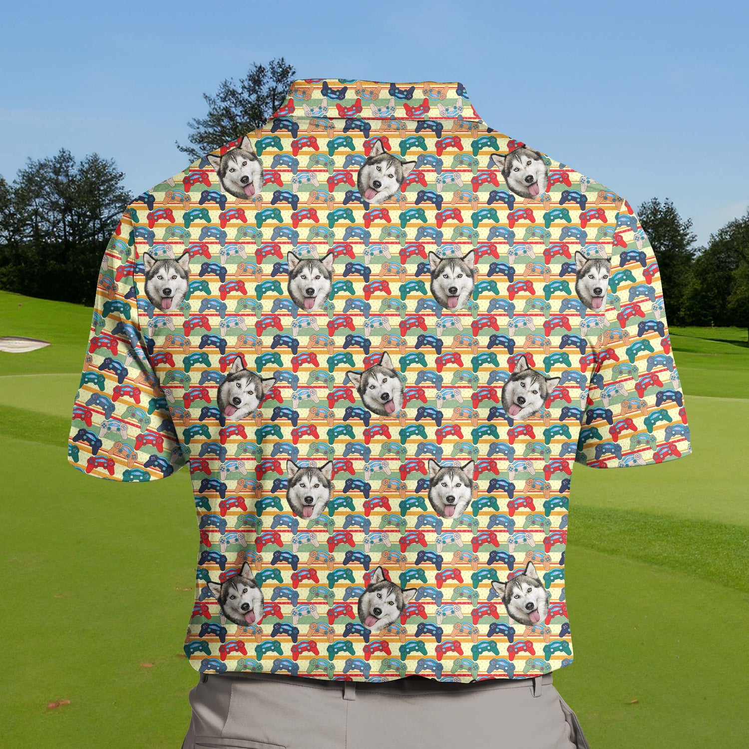 Funny golf polos featuring custom faces and video game logos.