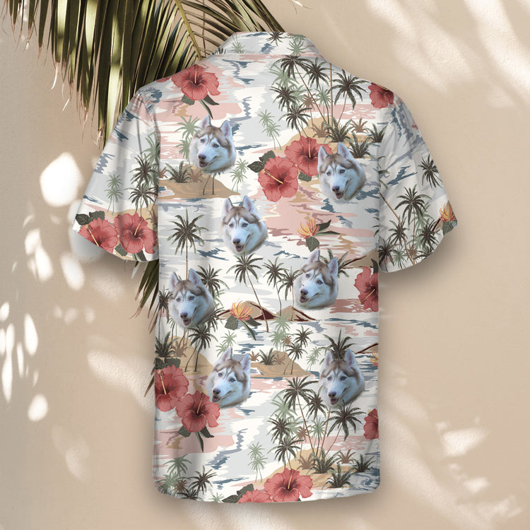 Custom Hawaiian shirts featuring hibiscus flowers and palm trees. Personalize with faces on them for a fun, tropical look perfect for your next adventure.
