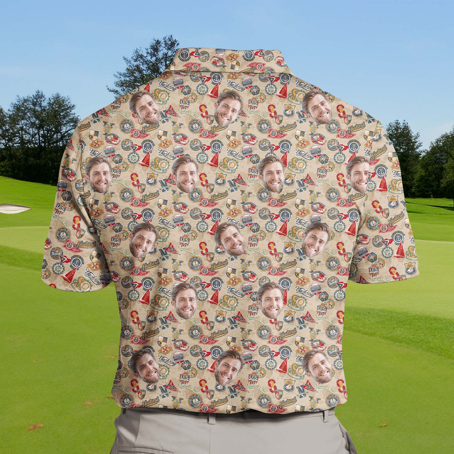 Big and tall funny golf shirts with faces on them, customized for golfers.