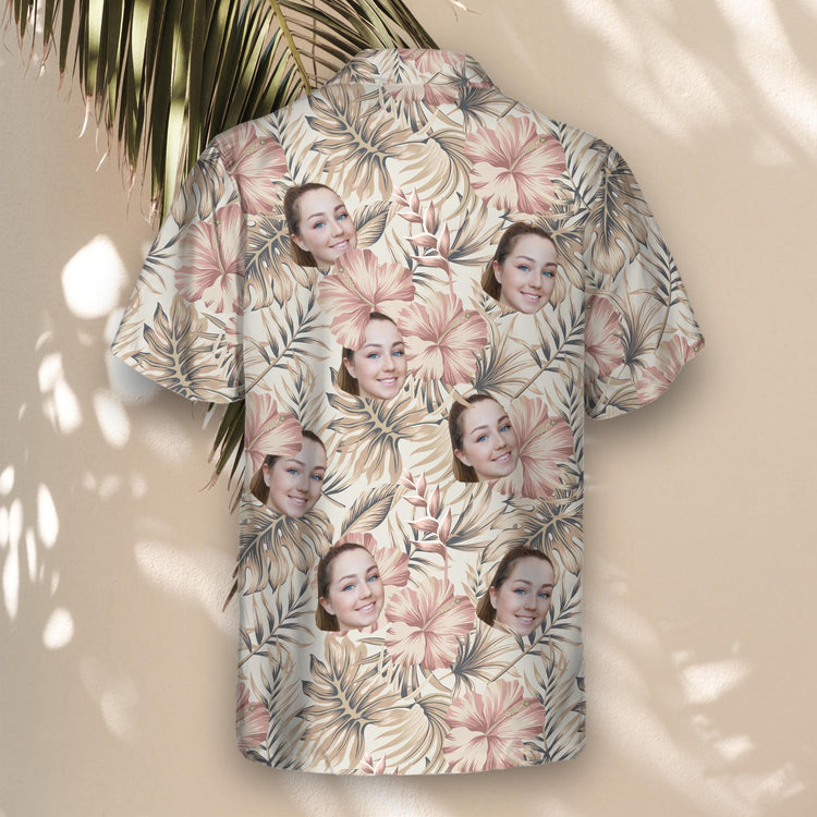 Vintage-inspired custom Hawaiian shirts with hibiscus and palm leaves. Personalize with faces on them for a unique, retro tropical vibe.