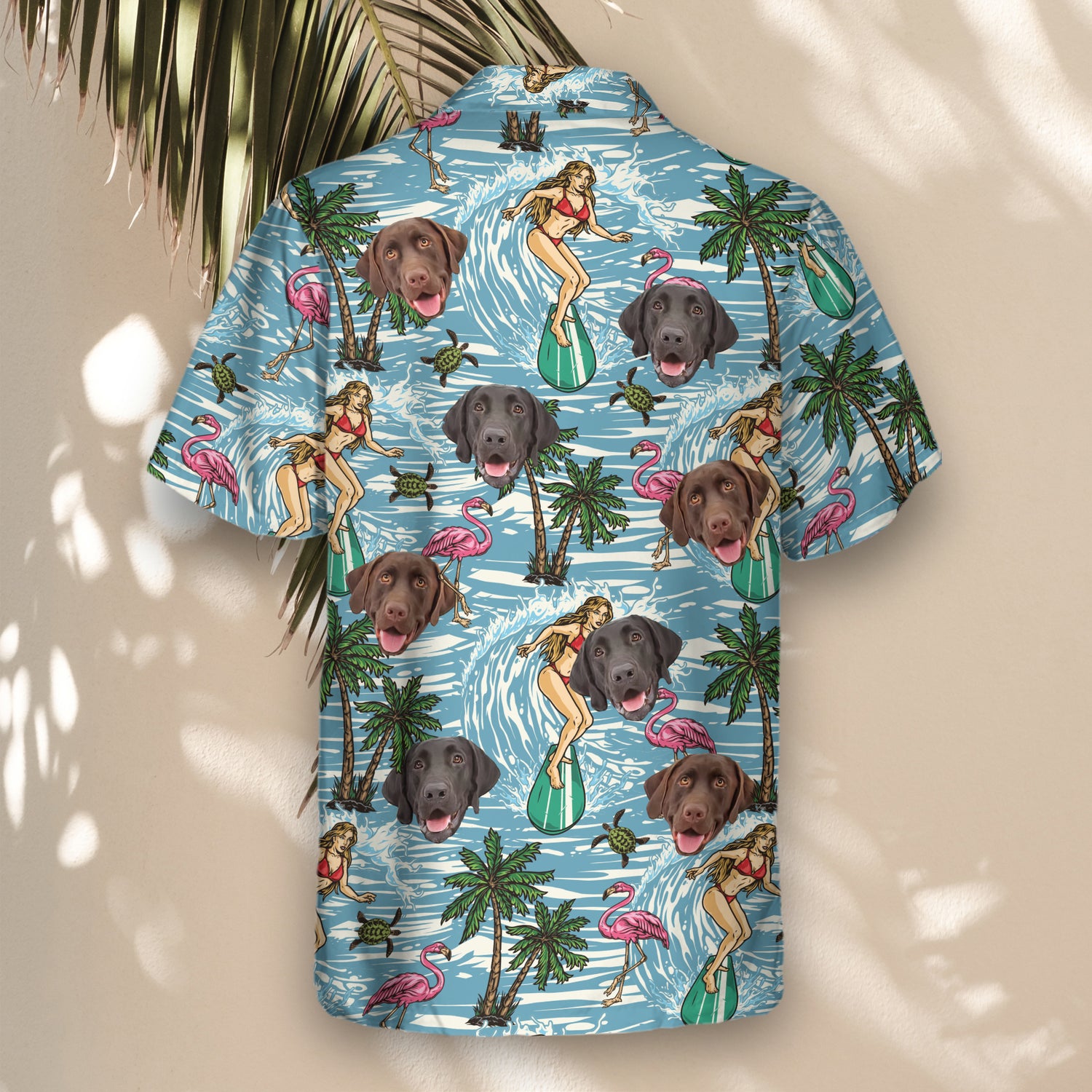 Retro custom Hawaiian shirts with surfboards, turtles, and flamingos. Personalize shirts with faces on them for a fun, vibrant, beach-ready style.