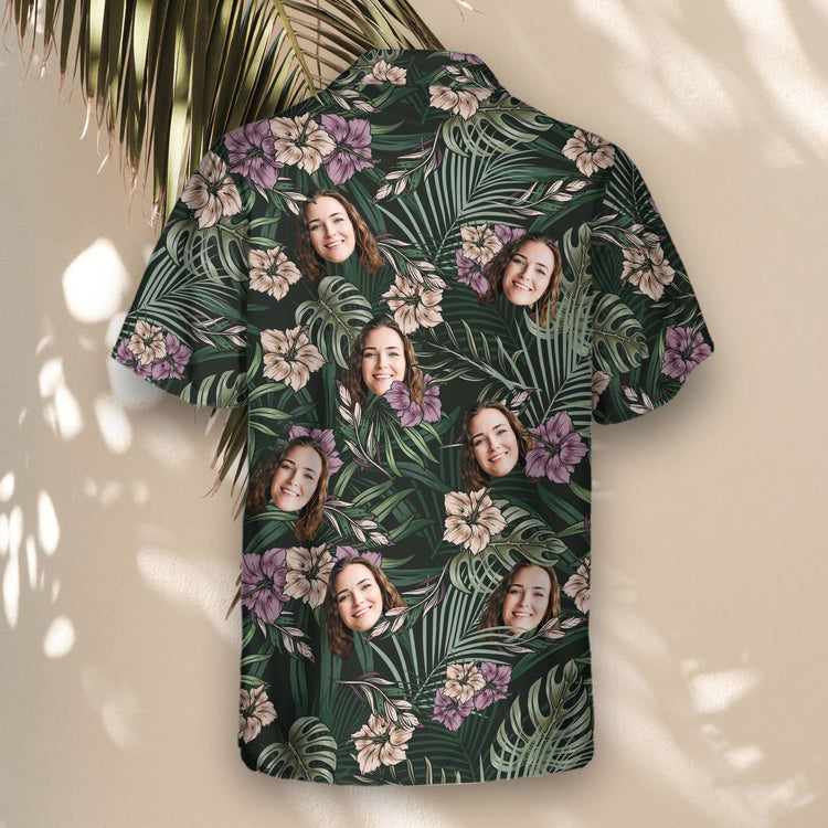 Embrace island vibes with custom Hawaiian shirts with faces on them, designed with vintage tropical flowers, green palm leaves, and a natural retro aesthetic.
