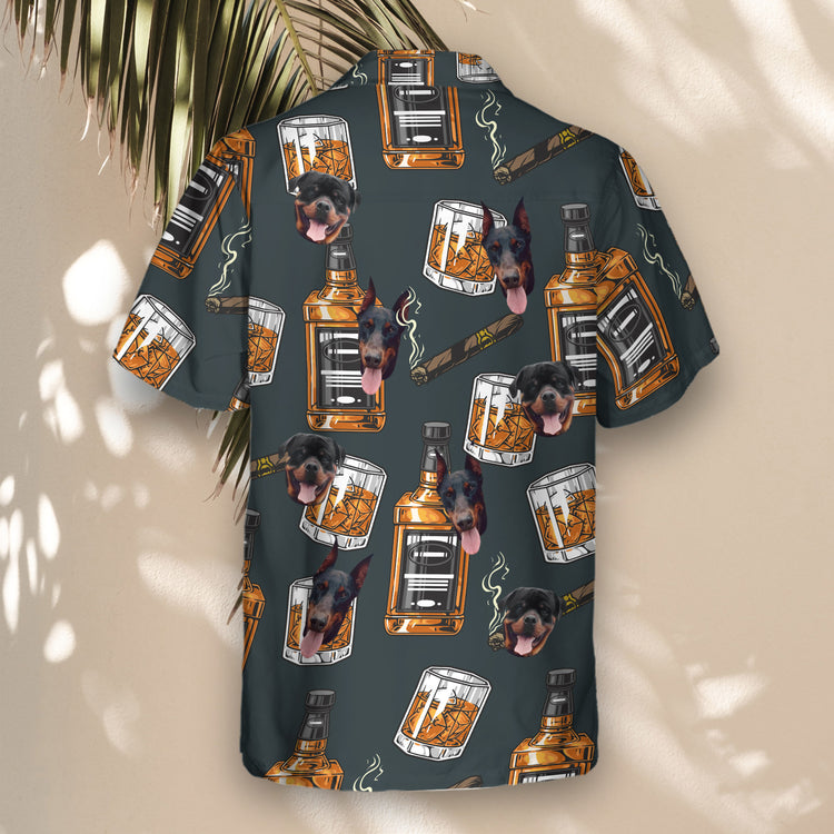 Custom Hawaiian shirts featuring whiskey glasses and cigars. Add faces on them for a laid-back, stylish look that’s perfect for whiskey and cigar lovers.