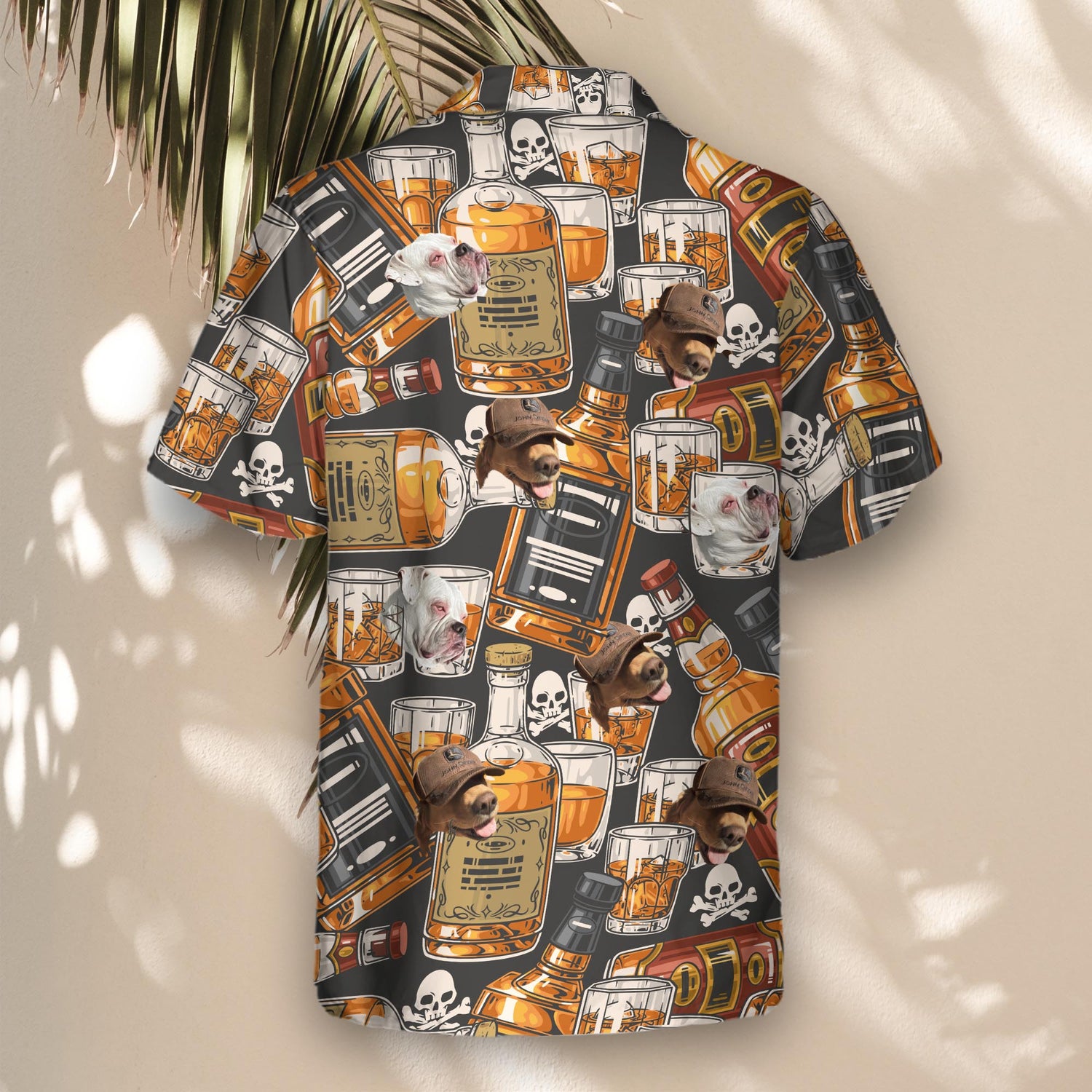 Custom Hawaiian shirts featuring whiskey bottles and skulls. Add faces on them for a playful, retro look that’s perfect for standing out at any event.