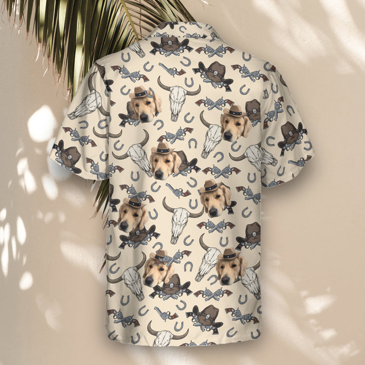 Custom Hawaiian shirts with faces on them featuring Wild West themes like saloon signs, buffalo skulls, and sheriff stars for a vintage cowboy vibe.