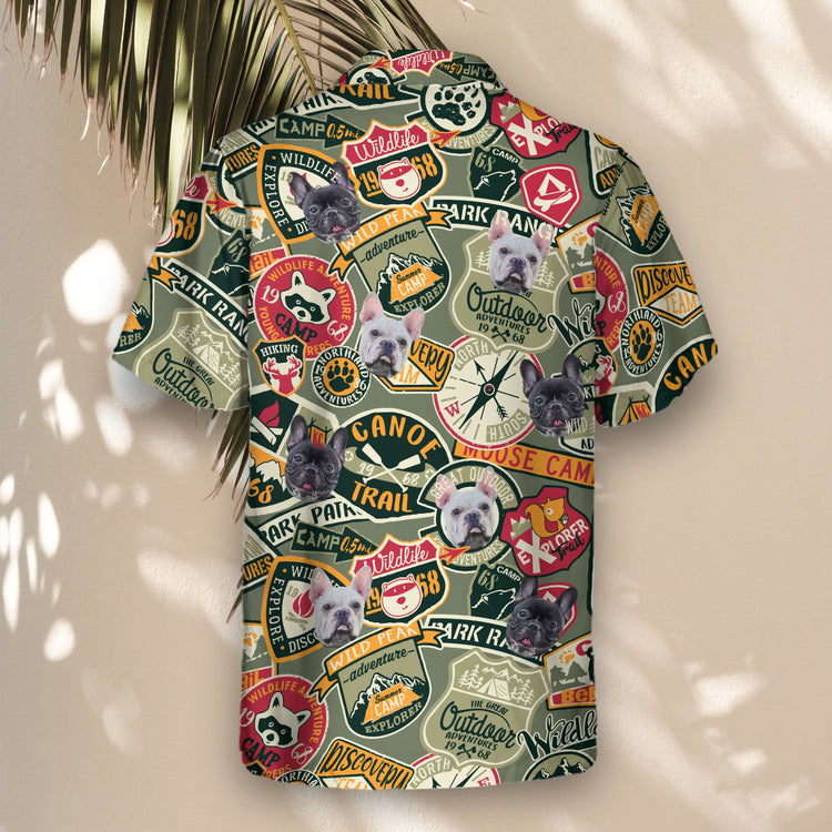 Custom Hawaiian shirts showcasing mountains, bears, and park ranger themes. Add faces on them for a personalized look perfect for outdoor explorers.