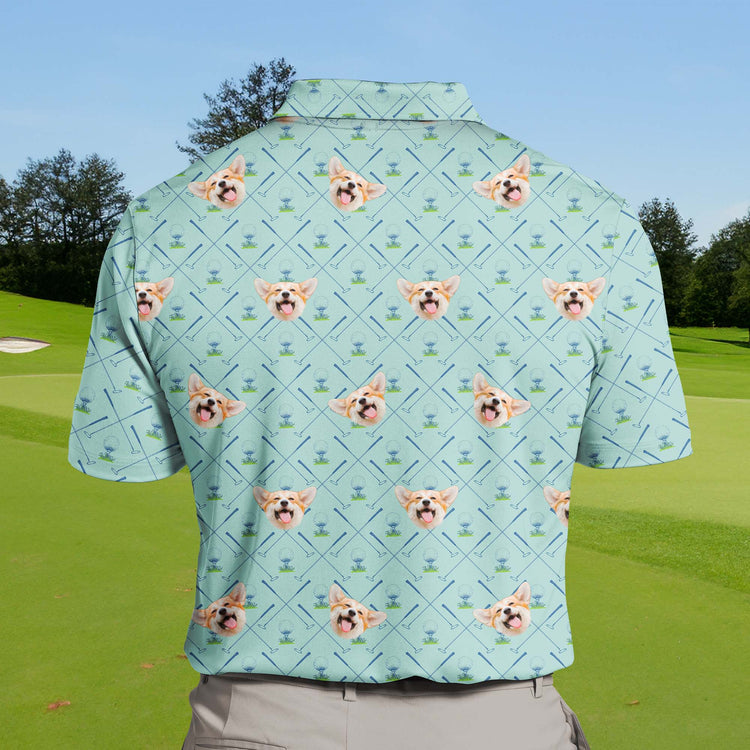 Personalized funny golf shirts with faces on them for team spirit.