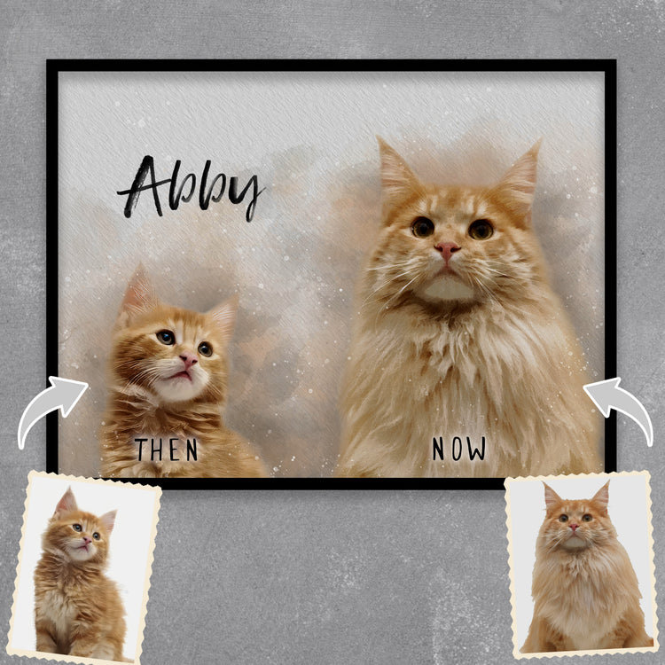 Celebrate your pet's growth with our Before-and-After Pet Portrait! Our skilled pet portrait artists turn your pictures into drawings, creating beautiful animal portraits. Perfect for custom dog portraits or cat portraits, this sentimental artwork captures every stage of their journey!