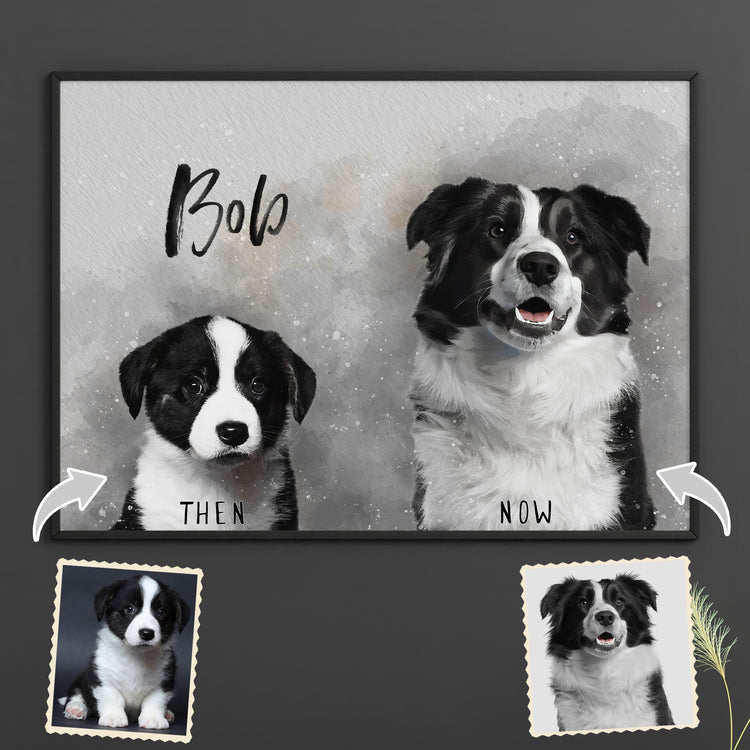 Celebrate your pet's growth with our Before-and-After Pet Portrait! Our skilled pet portrait artists turn your pictures into drawings, creating beautiful animal portraits. Perfect for custom dog portraits or cat portraits, this sentimental artwork captures every stage of their journey!