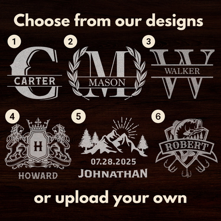 Personalized whiskey glass with custom engraving featuring a name and date, perfect gift for him, displayed on a wooden table with warm lighting.