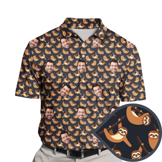 Sloth On The Branch Polo Shirt featuring a sloth hanging on a tree branch. The design is playful and cute, showcasing the sloth's relaxed pose against a simple background. The shirt combines nature-inspired elements with a tropical and summer vibe, making it a fun and casual choice.
