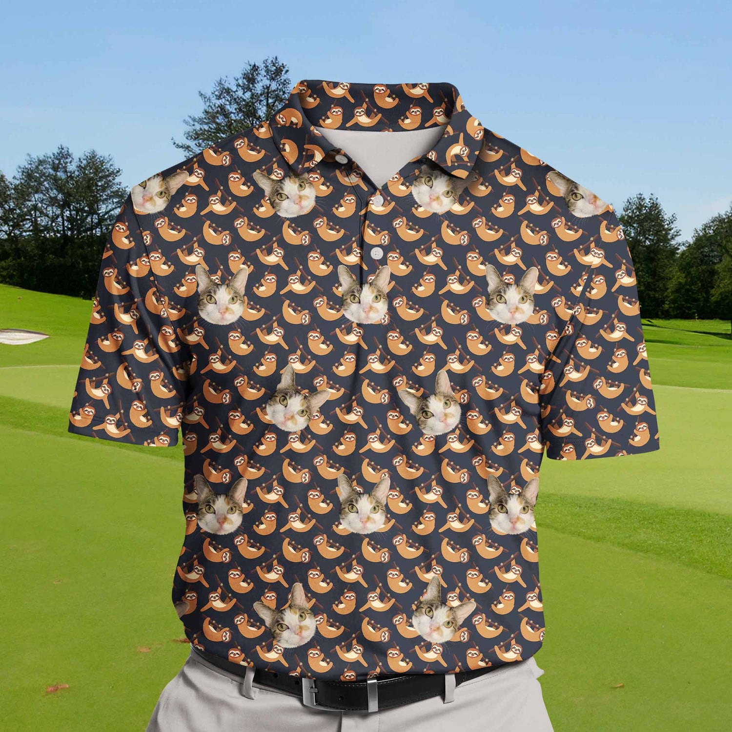 Sloth On The Branch Polo Shirt featuring a sloth hanging on a tree branch. The design is playful and cute, showcasing the sloth's relaxed pose against a simple background. The shirt combines nature-inspired elements with a tropical and summer vibe, making it a fun and casual choice.