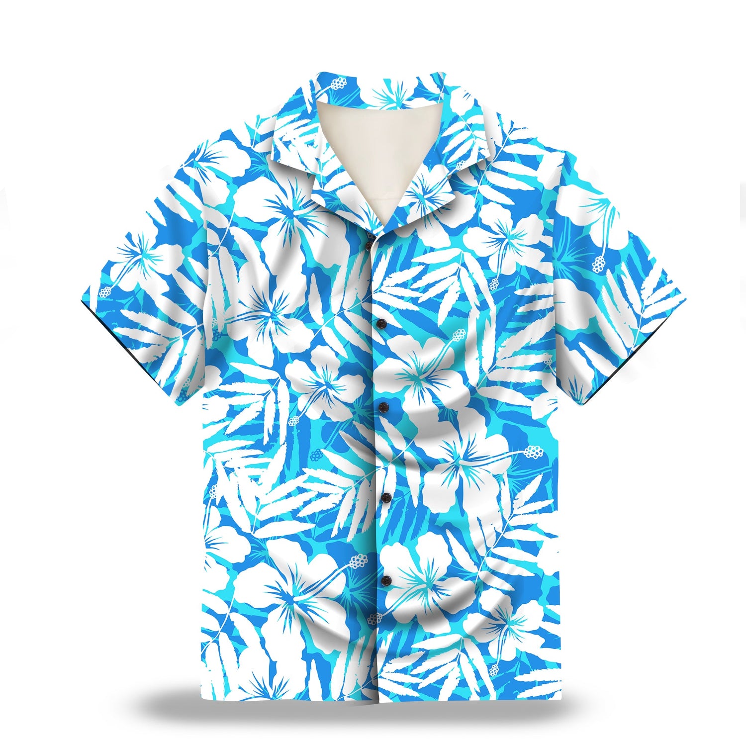 Image: Hibiscus Silhouette in Blue and White Custom Hawaiian Shirt. Featuring elegant hibiscus flower silhouettes in a blue and white color scheme, perfect for a tropical summer vibe. Alt text for accessibility.