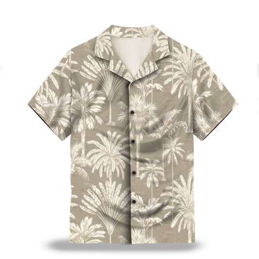 Image: Tropical Tree in Cotton Grey and Ivory Custom Hawaiian Shirt. Featuring a stylish tropical tree design in a monochrome color palette of cotton grey and ivory, perfect for a classic Hawaiian look. Alt text for accessibility.