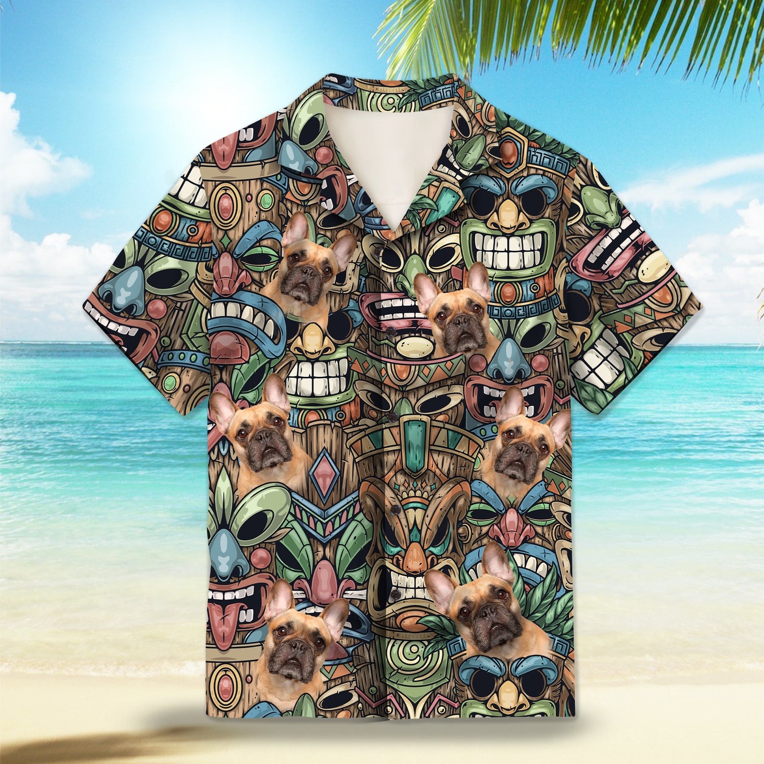 Image: Colorful Tiki Mask Custom Hawaiian Shirt. Featuring vibrant and intricate Tiki mask designs in a colorful palette, perfect for a tropical island vibe. Alt text for accessibility.