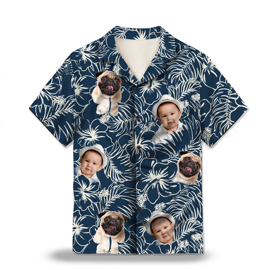 Image: Hibiscus Flower and Tropical Plant in Navy Blue Custom Hawaiian Shirt. Featuring intricate hibiscus flower and tropical plant designs in a deep navy blue color, perfect for a tropical island getaway. Alt text for accessibility.