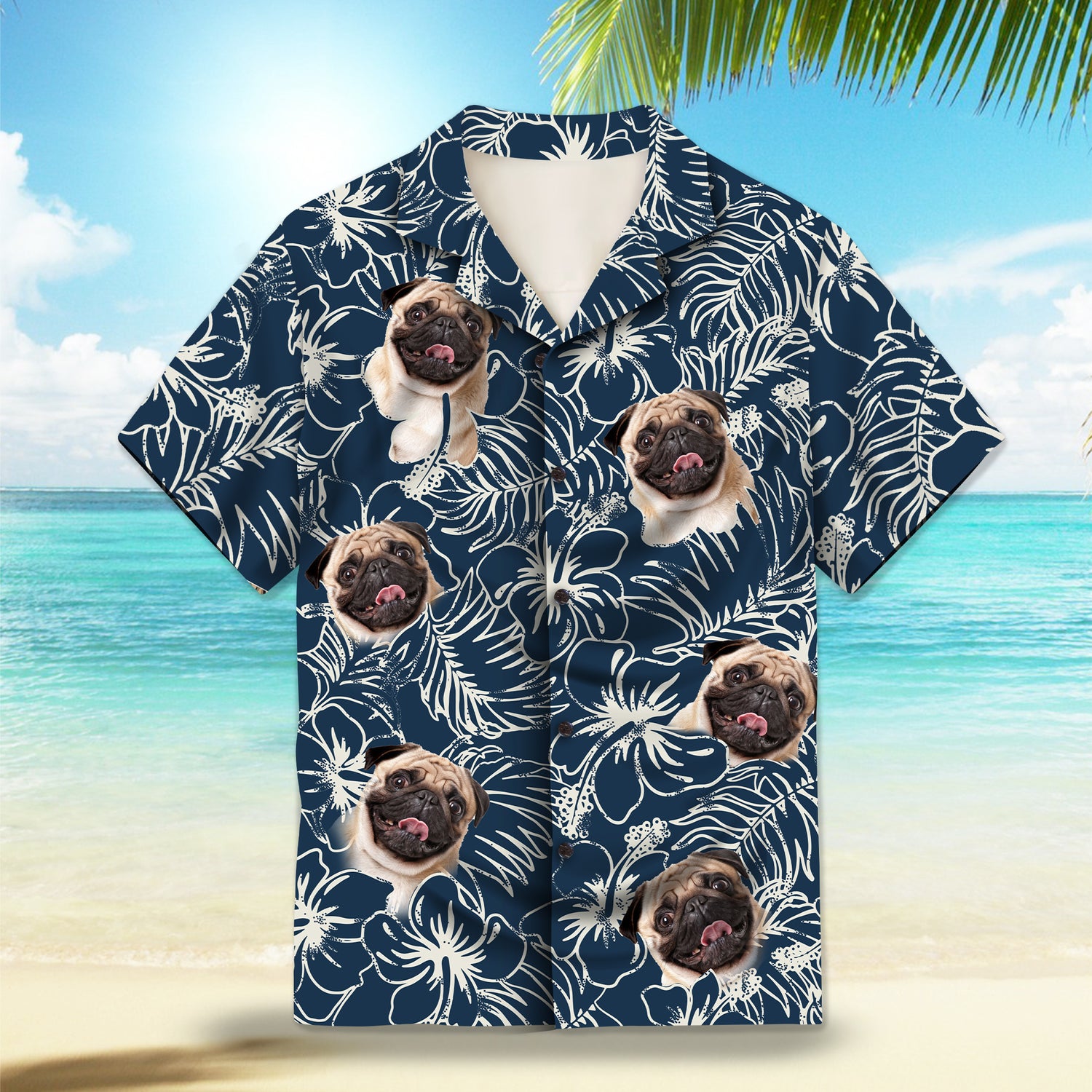 Image: Hibiscus Flower and Tropical Plant in Navy Blue Custom Hawaiian Shirt. Featuring intricate hibiscus flower and tropical plant designs in a deep navy blue color, perfect for a tropical island getaway. Alt text for accessibility.