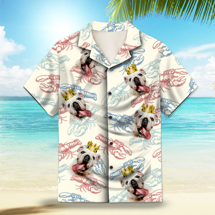 Image: Colorful Lobster Custom Hawaiian Shirt. Featuring softer-palette lobster designs on an ivory background, perfect for a festive and patriotic look. Alt text for accessibility.