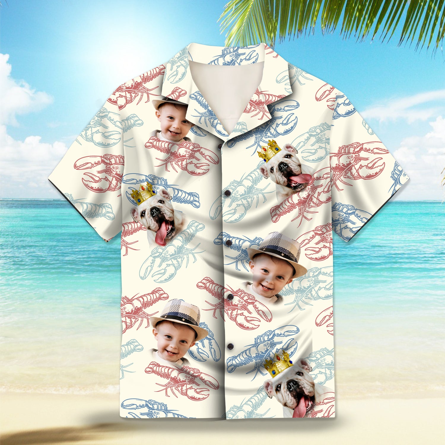 Image: Colorful Lobster Custom Hawaiian Shirt. Featuring softer-palette lobster designs on an ivory background, perfect for a festive and patriotic look. Alt text for accessibility.