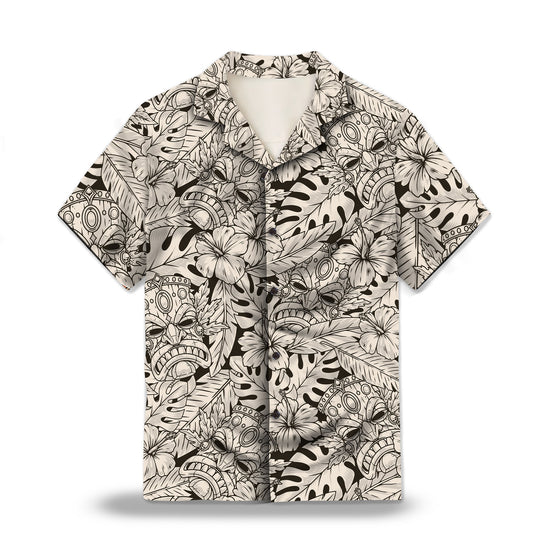 Image: Tiki Mask in Black and Ivory Custom Hawaiian Shirt. Featuring a traditional Tiki mask design in black and ivory tones, perfect for a tropical island vibe. Alt text for accessibility.
