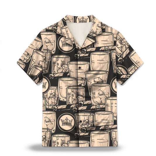 Image: Whiskey Booze in Black and Antique Ivory Custom Hawaiian Shirt. Featuring elegant whiskey and cigar-themed designs in a monochrome color palette, perfect for a vintage and sophisticated look. Alt text for accessibility.