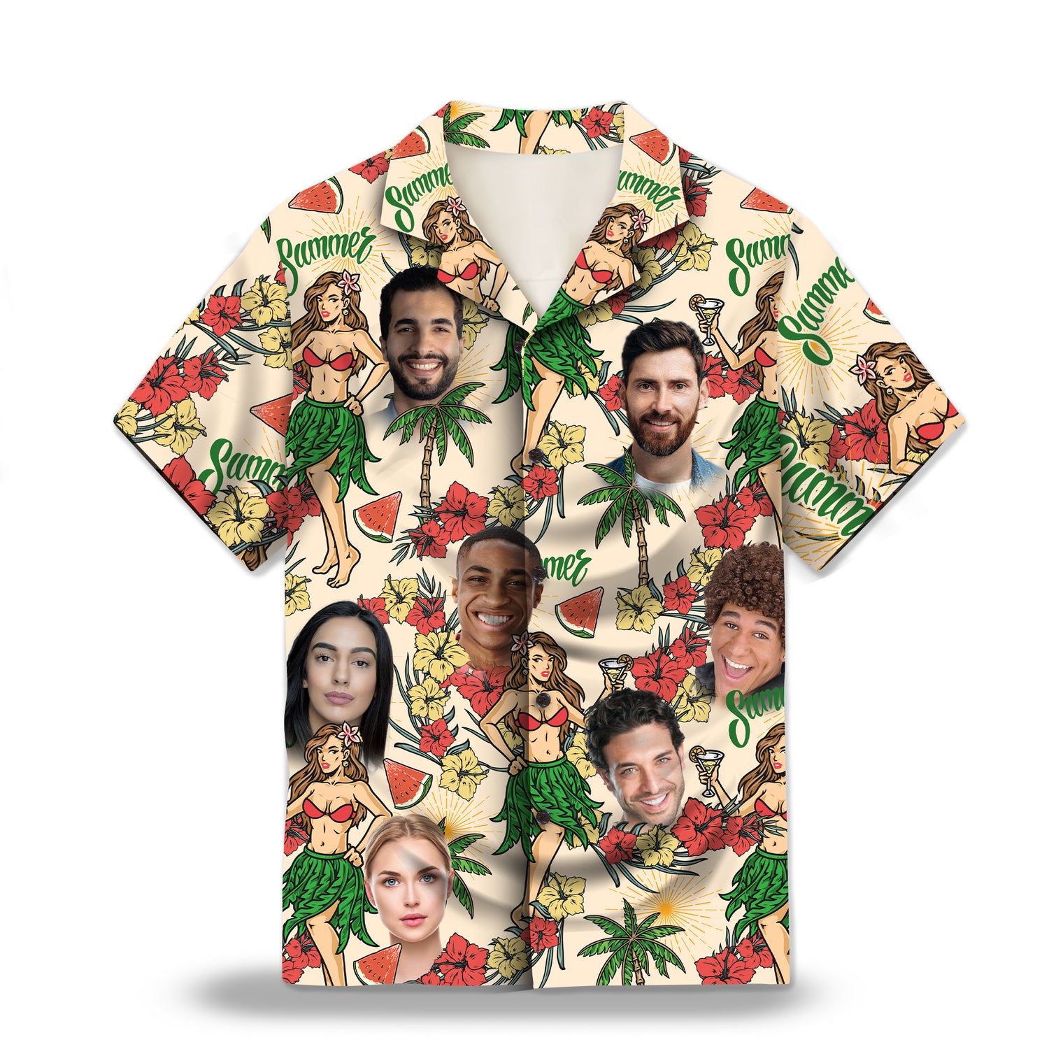 Image: Hawaiian Summer Party Custom Hawaiian Shirt. Featuring vibrant tropical designs perfect for summer parties, with hibiscus flowers, palm trees, Polynesian girls and beach elements. Alt text for accessibility.
