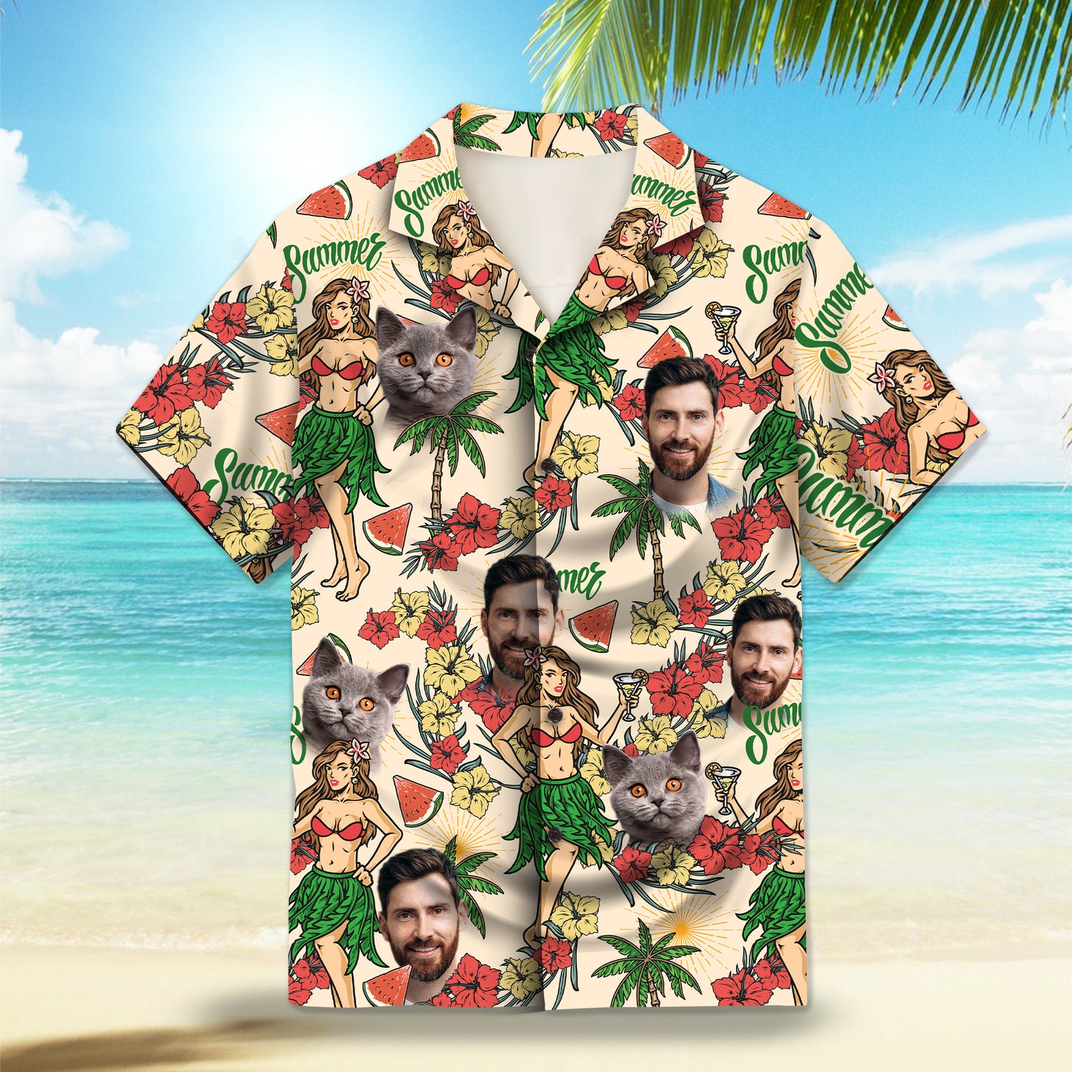 Image: Hawaiian Summer Party Custom Hawaiian Shirt. Featuring vibrant tropical designs perfect for summer parties, with hibiscus flowers, palm trees, Polynesian girls and beach elements. Alt text for accessibility.