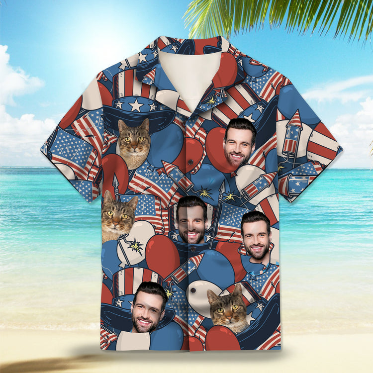 Image: Retro American Patriotism Custom Hawaiian Shirts. Featuring patriotic designs inspired by Independence Day and Fourth of July, with American flag motifs, Abraham Lincoln hat prints, and retro red, white, and blue colors. Alt text for accessibility.