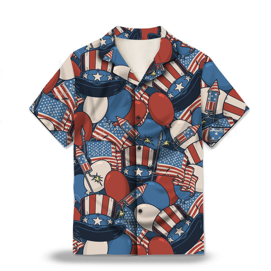 Image: Retro American Patriotism Custom Hawaiian Shirts. Featuring patriotic designs inspired by Independence Day and Fourth of July, with American flag motifs, Abraham Lincoln hat prints, and retro red, white, and blue colors. Alt text for accessibility.