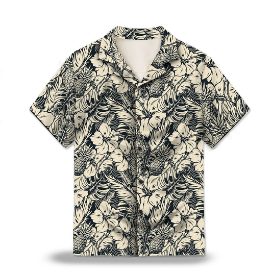 Image: Botanical Tropical Garden in Black and Ivory Custom Hawaiian Shirt. Featuring elegant botanical designs in a monochrome color scheme, perfect for a stylish tropical look. Alt text for accessibility.