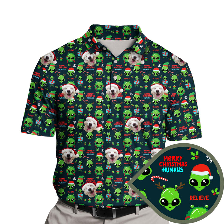 Playful funny golf shirts with faces on them, featuring holiday and alien themes.