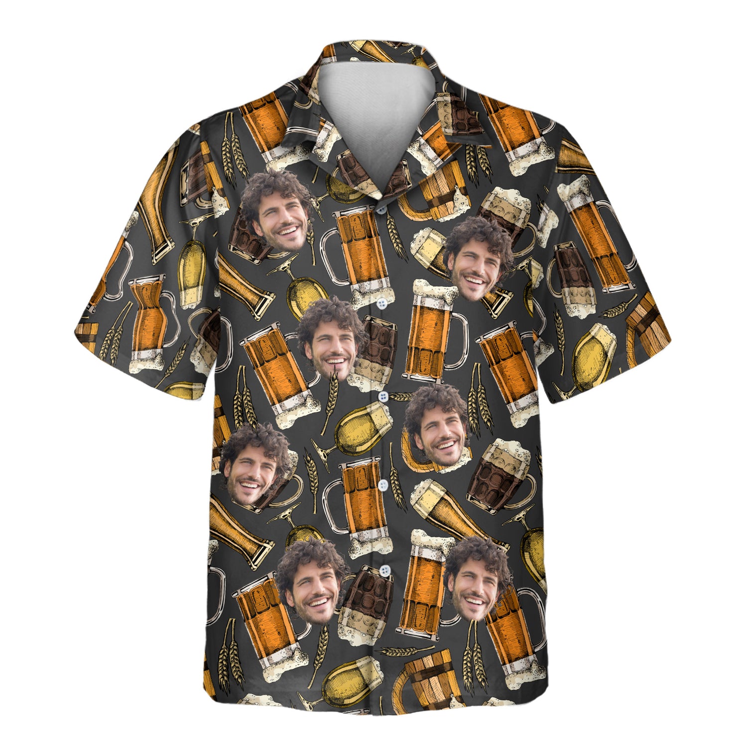 Custom Hawaiian shirts with beer mugs and vintage patterns, plus shirts with faces on them, perfect for adding fun and comfort to any party or celebration.