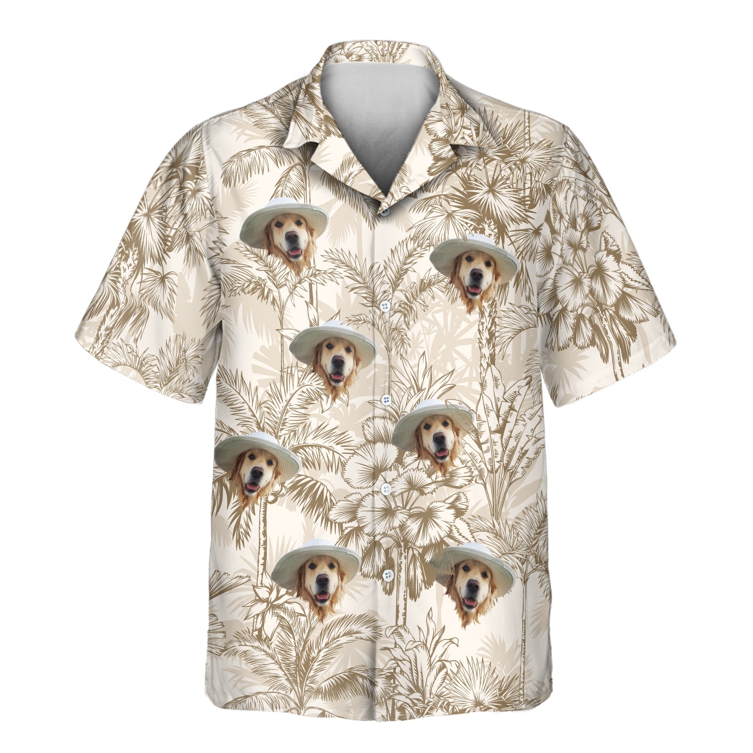  Custom Hawaiian shirts with chic palm tree designs and shirts with faces on them, offering a subtle, tropical vibe in beige for laid-back days and casual outings.