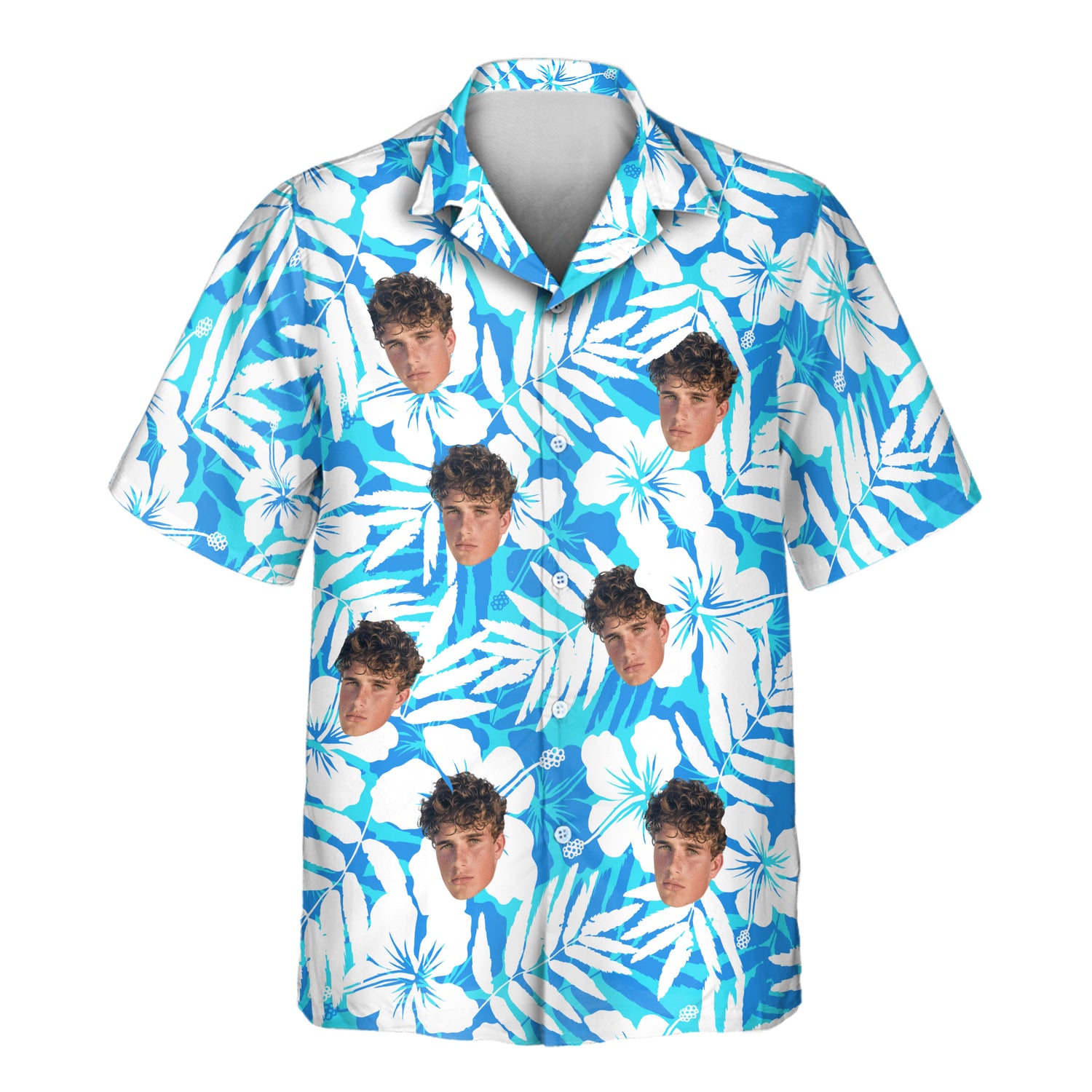 Custom Hawaiian shirts with elegant hibiscus silhouettes and shirts with faces on them, featuring a fresh blue and white design, perfect for fun, tropical style.