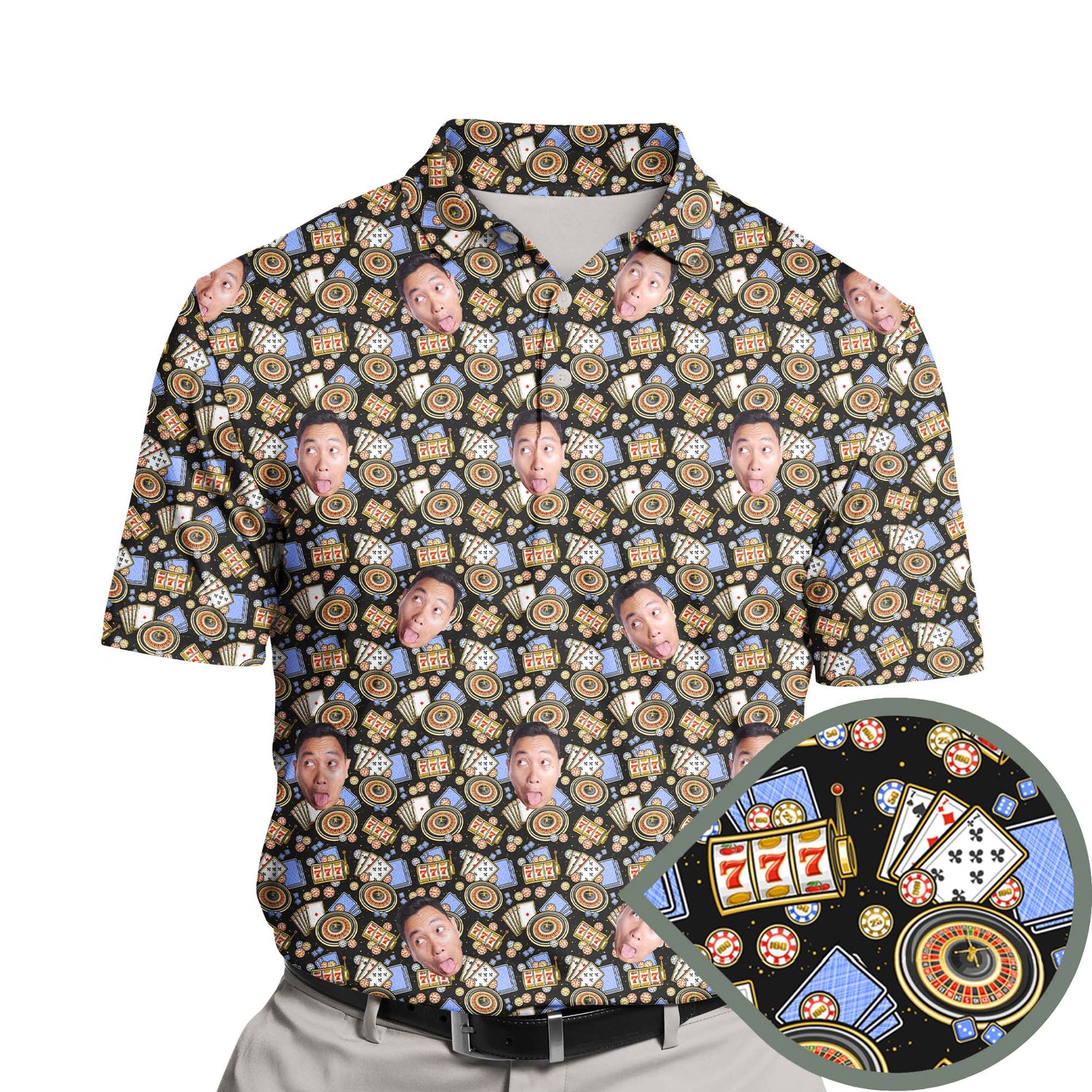 Funny golf shirts with faces on them, featuring a vibrant casino theme for golfers.