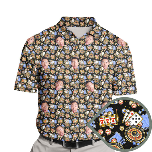 Funny golf shirts with faces on them, featuring a vibrant casino theme for golfers.