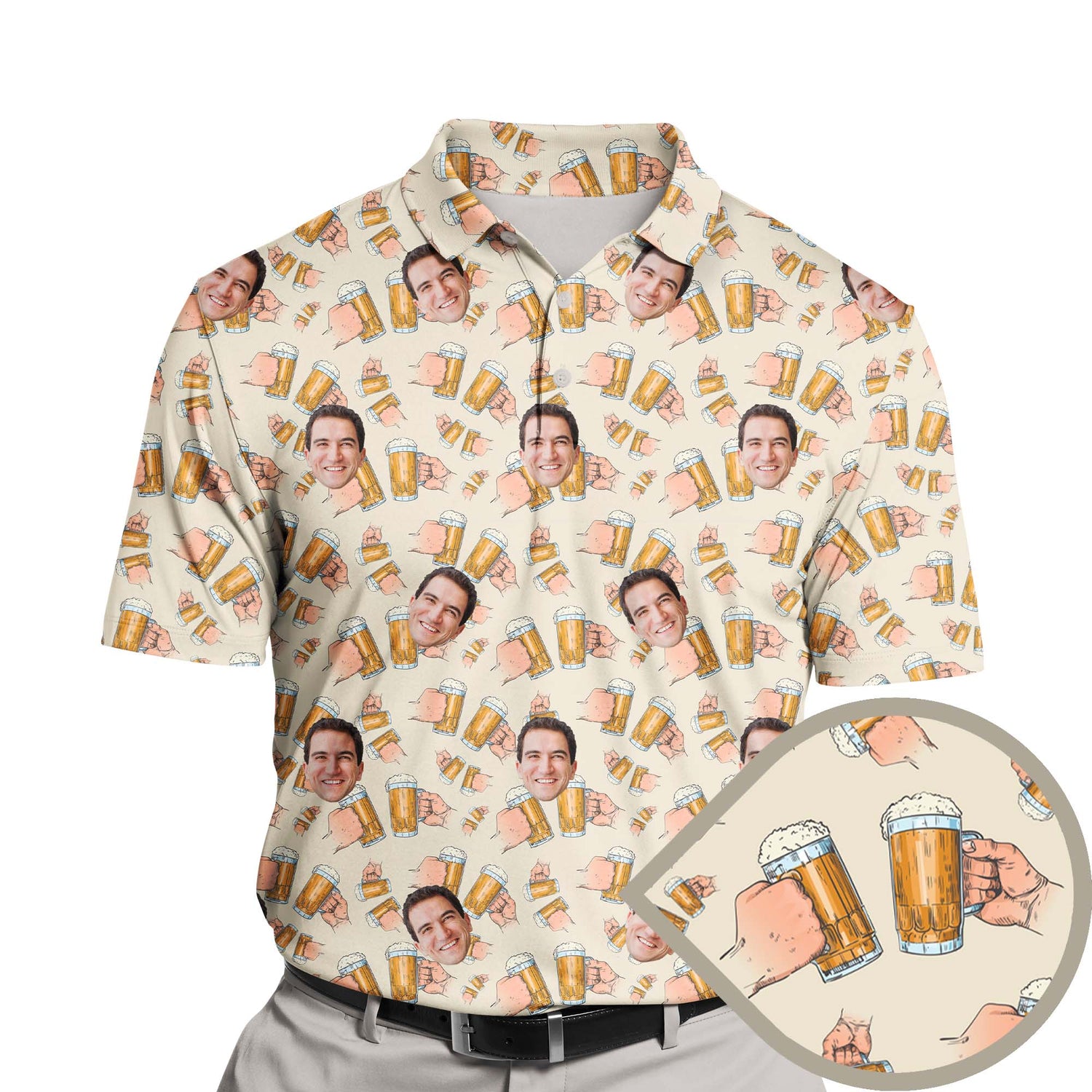 Funny golf shirts with faces on them featuring Oktoberfest designs.