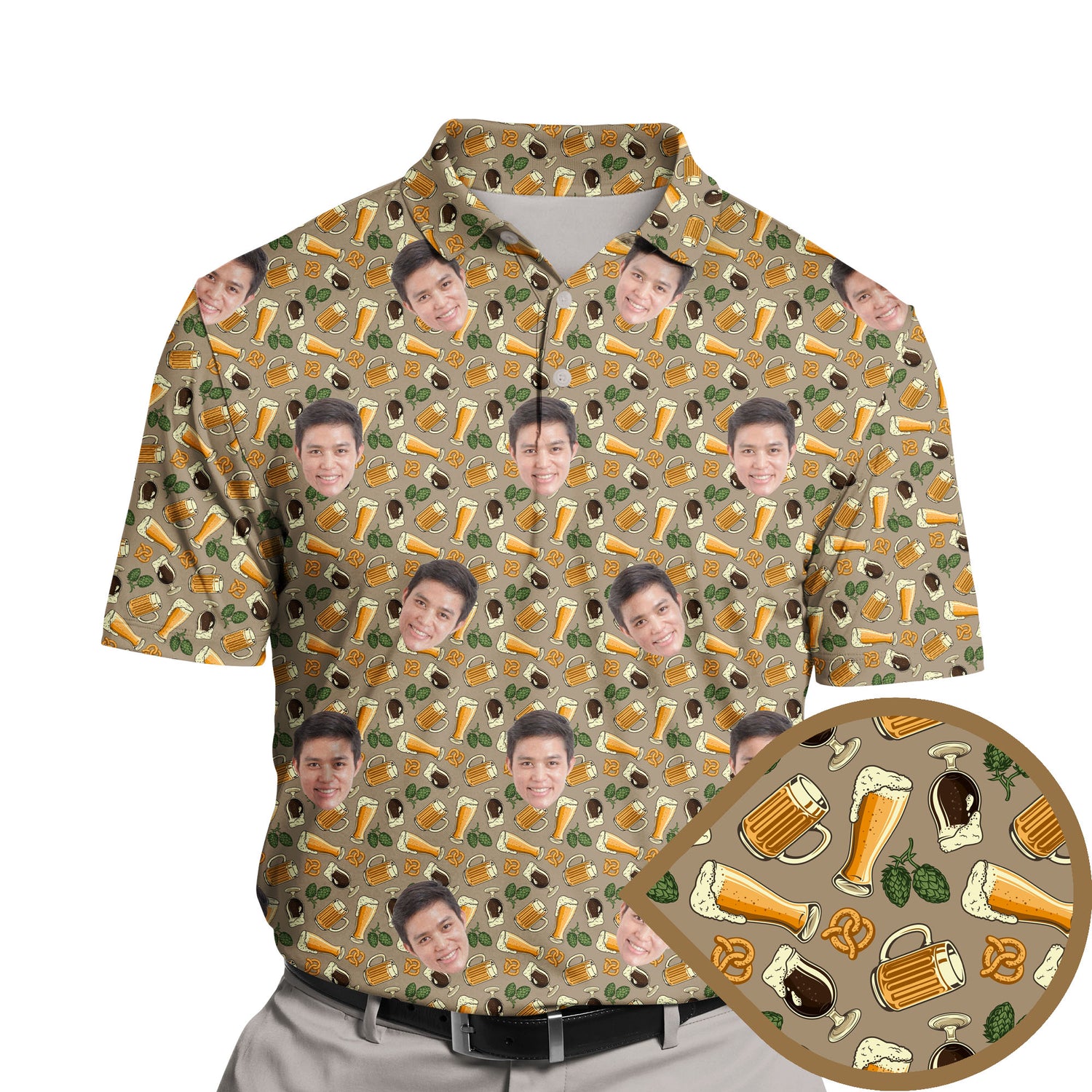 Funny golf shirts with faces on them, featuring beer mugs and hops graphics.