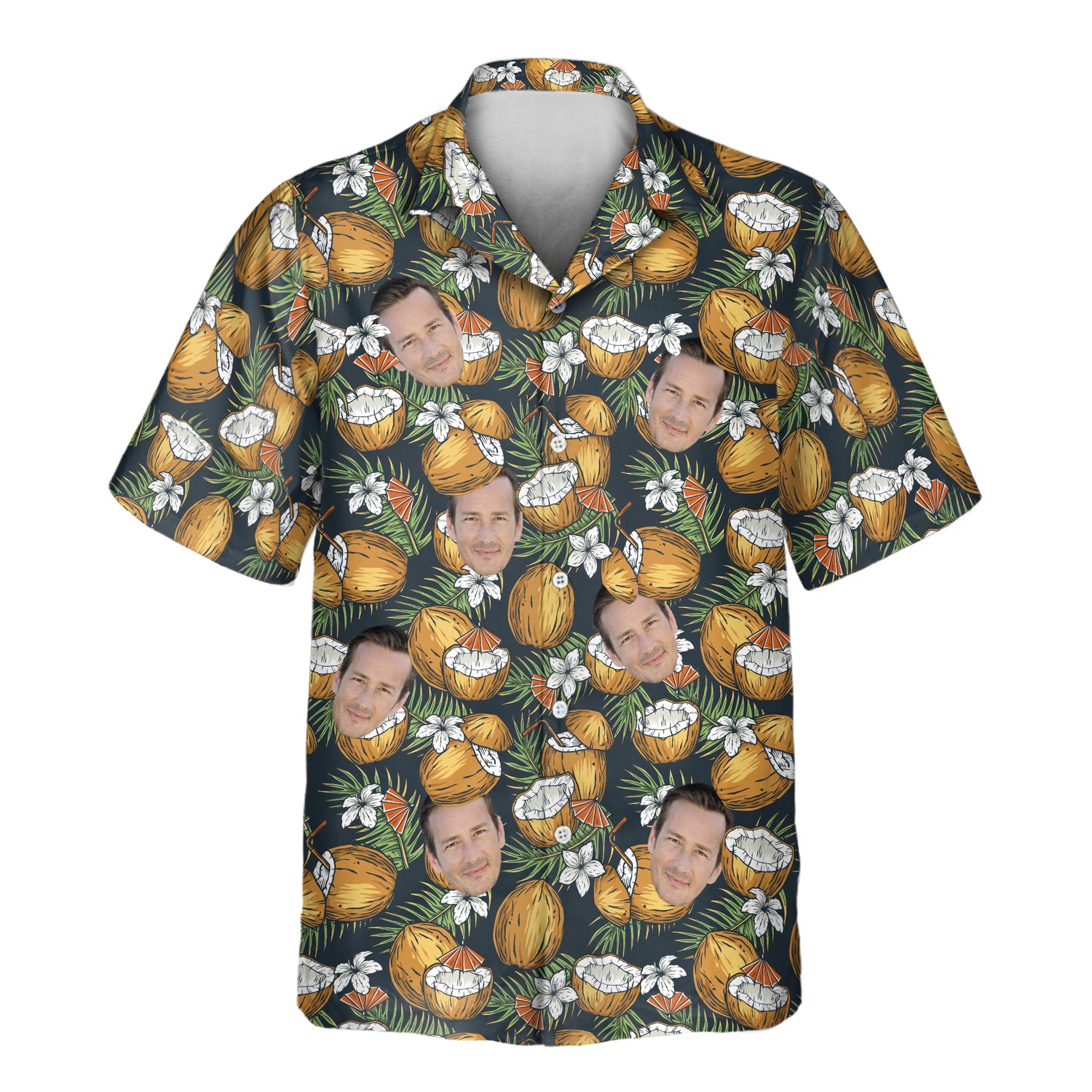 Custom Hawaiian shirts with faces on them featuring coconut cocktails, palm leaves, and tropical vibes—perfect for summer parties and beach getaways.