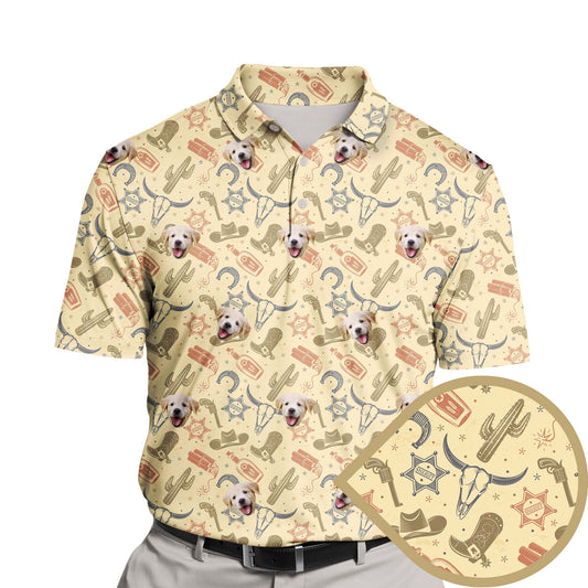 Funny golf shirts with faces on them featuring cowboy hats and sheriff badges.